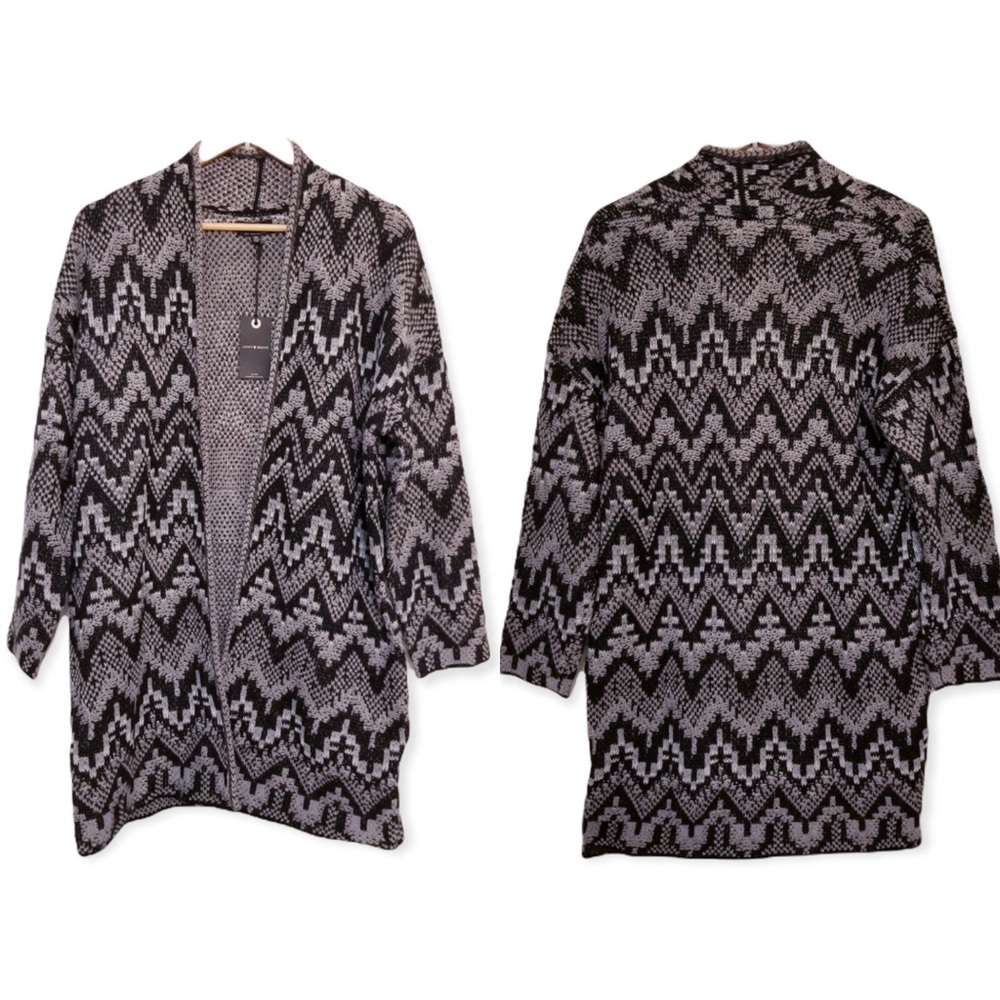 LUCKY BRAND Black & Gray Ikat Print Open Front Cardigan M NWT